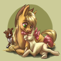 Size: 3300x3300 | Tagged: safe, artist:ebonytails, apple bloom, applejack, winona, earth pony, pony, adorabloom, cuddling, cute, eyes closed, newbie artist training grounds, prone, sisters, snuggling, underhoof