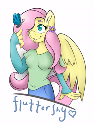 Size: 4074x5447 | Tagged: safe, artist:pulchra-mortuus, fluttershy, anthro, butterfly, absurd resolution, clothes, flower, flower in hair, heart eyes, shirt, solo, t-shirt, wingding eyes