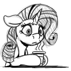 Size: 894x894 | Tagged: safe, artist:witchtaunter, rarity, pony, unicorn, :/, blank stare, coffee cup, cup, female, floppy ears, holding, mare, monochrome, simple background, sitting, sketch, solo, thoughtful, white background