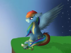 Size: 1024x768 | Tagged: safe, artist:delfinaluther, derpibooru import, rainbow dash, pegasus, pony, cliff, clothes, female, goggles, grass, ledge, mare, profile, shadow, sitting, smiling, solo, spread wings, stars, sunrise, uniform, wings, wonderbolts uniform