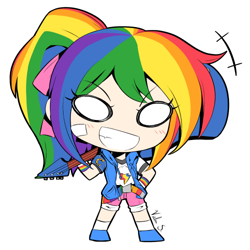 Size: 500x500 | Tagged: safe, artist:banzatou, derpibooru import, rainbow dash, human, chibi, clothes, electric guitar, female, guitar, humanized, manga style, shorts, simple background, solo, transparent background, wristband