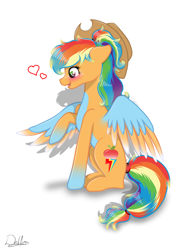 Size: 768x1024 | Tagged: safe, artist:delfinaluther, derpibooru import, applejack, rainbow dash, earth pony, pegasus, pony, appledash, blushing, cute, female, fusion, hat, lesbian, mare, ponytail, raised hoof, shipping