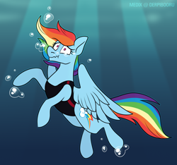 Size: 1808x1689 | Tagged: safe, artist:medix, derpibooru exclusive, derpibooru import, rainbow dash, pegasus, pony, asphyxiation, bubble, clothes, commission, drowning, holding breath, light rays, ocean, one-piece swimsuit, solo, swimming, swimsuit, underwater, water