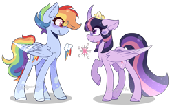 Size: 2193x1353 | Tagged: safe, artist:jxstmargaret, derpibooru import, rainbow dash, twilight sparkle, twilight sparkle (alicorn), alicorn, pegasus, pony, crown, cutie mark, duo, female, hooves, jewelry, lesbian, mare, regalia, shipping, simple background, transparent background, twidash, wings