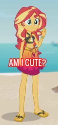 Size: 242x518 | Tagged: safe, edit, edited screencap, screencap, sunset shimmer, better together, equestria girls, unsolved selfie mysteries, beach, bikini, bronybait, clothes, cropped, feet, sandals, solo, swimsuit