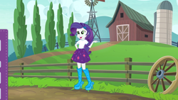 Size: 2208x1242 | Tagged: safe, rarity, better together, equestria girls, barn, boots, clothes, fashion photo booth, fence, high heel boots, open mouth, shoes, silo, skirt, solo, wheel, windmill, wrong eye color