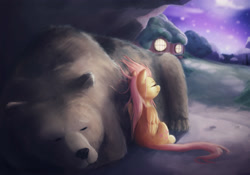 Size: 4000x2800 | Tagged: safe, artist:starblaze25, fluttershy, harry, bear, pegasus, pony, eyes closed, fluttershy's cottage, leaning, night sky, sitting, sleeping, solo, stars