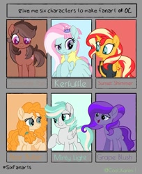 Size: 1080x1325 | Tagged: safe, artist:cool_karen1, kerfuffle, pear butter, sunset shimmer, oc, oc:minty light, earth pony, pegasus, pony, unicorn, rainbow roadtrip, :d, clothes, eyelashes, female, hairpin, looking down, mare, open mouth, raised hoof, six fanarts, smiling