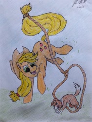 Size: 960x1280 | Tagged: safe, artist:twitchytail, applejack, winona, earth pony, pony, colored pencil drawing, lasso, lasso tricks, traditional art