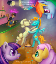 Size: 900x1035 | Tagged: safe, artist:stasushka, derpibooru import, fluttershy, rainbow dash, twilight sparkle, oc, oc:harmony star, alicorn, monkey, pegasus, pony, alicorn oc, bipedal, dancing, disco ball, horn, mannequin, musical instrument, ponyquin, saxophone, wings