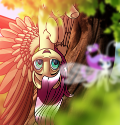 Size: 1701x1781 | Tagged: safe, artist:autello, fluttershy, breezie, pegasus, pony, blurry, leaves, reflection, tree, upside down