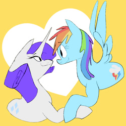 Size: 922x919 | Tagged: artist needed, safe, derpibooru import, rainbow dash, rarity, pegasus, pony, unicorn, female, heart, hoof hold, lesbian, looking at each other, mare, raridash, shipping, simple background, yellow background
