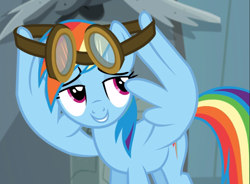 Size: 1271x935 | Tagged: safe, derpibooru import, screencap, rainbow dash, pegasus, pony, newbie dash, cropped, female, goggles, lidded eyes, mare, smiling, smirk, solo, spread wings, wing hands, wings