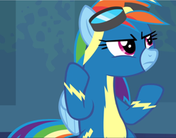 Size: 1196x939 | Tagged: safe, derpibooru import, screencap, rainbow dash, pegasus, pony, newbie dash, bipedal, clothes, cropped, female, goggles, mare, raised hoof, serious, solo, uniform, wonderbolts uniform