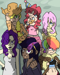 Size: 1024x1280 | Tagged: safe, artist:shrimpshogun, derpibooru exclusive, derpibooru import, applejack, fluttershy, pinkie pie, rainbow dash, rarity, twilight sparkle, human, fanfiction cover, humanized, mane six