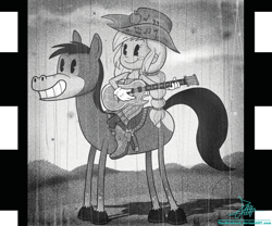 Size: 944x787 | Tagged: safe, artist:the-butch-x, applejack, horse, equestria girls, friendship through the ages, acoustic guitar, black and white cartoon, country applejack, disney, grin, guitar, monochrome, old timey, oldschool cartoon, pacman eyes, retro, sleeveless, smiling, style emulation