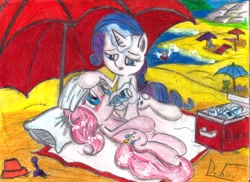 Size: 3492x2544 | Tagged: safe, artist:deihiru, pinkie pie, rarity, earth pony, pony, unicorn, beach, beach towel, beach umbrella, comforting, female, lesbian, raripie, shipping