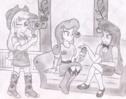 Size: 2053x1612 | Tagged: safe, artist:poseidonathenea, applejack, octavia melody, rarity, equestria girls, interview, microphone, monochrome, sofa, sugarcube corner, traditional art