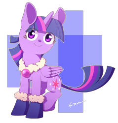 Size: 1325x1388 | Tagged: safe, artist:sion, derpibooru import, twilight sparkle, twilight sparkle (alicorn), alicorn, pony, boots, clothes, female, mare, scarf, sitting, smiling, solo