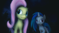 Size: 1920x1080 | Tagged: safe, artist:shadamyfan4evers, dj pon-3, fluttershy, vinyl scratch, pegasus, pony, unicorn, 3d, female, forest, lesbian, night, shipping, source filmmaker, vinylshy