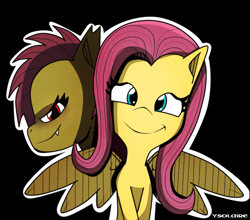 Size: 1039x916 | Tagged: safe, artist:ysolaire, fluttershy, bat pony, pony, black background, duality, flutterbat, looking at you, race swap, simple background, smiling, solo, spread wings