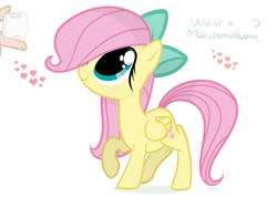 Size: 1600x1200 | Tagged: safe, artist:angelstar063, fluttershy, human, bow, cute, filly fluttershy, food, hair bow, hair over one eye, hand, heart, hnnng, marshmallow, question, raised hoof, shyabetes, weapons-grade cute