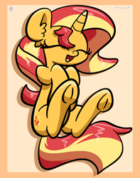 Size: 2560x3250 | Tagged: safe, artist:kimjoman, sunset shimmer, pony, unicorn, cute, ear fluff, eyes closed, female, high res, hooves to the chest, mare, on back, open mouth, shimmerbetes, solo, underhoof