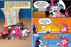 Size: 1233x831 | Tagged: safe, artist:andypriceart, idw, pinkie pie, rarity, earth pony, pony, unicorn, spoiler:comic, spoiler:comic42, comic, duo, female, irl, mare, official comic, photo, plushie, speech bubble