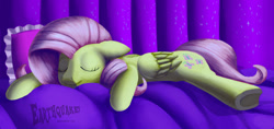 Size: 1512x712 | Tagged: safe, artist:earthquake87, fluttershy, pegasus, pony, bed, curtain, cute, eyes closed, pillow, shyabetes, sleeping, smiling, solo, underhoof