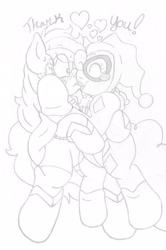 Size: 1642x2477 | Tagged: safe, artist:blackbewhite2k7, applejack, pinkie pie, earth pony, pony, app-el, applepie, commission, female, floating, harley quinn, kissing, lesbian, monochrome, shipping, superman, supermare, thanks, wip