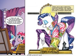 Size: 1203x885 | Tagged: safe, artist:andypriceart, idw, pinkie pie, rarity, earth pony, pony, unicorn, spoiler:comic, spoiler:comic42, clothes, comic, eyes closed, female, mare, official comic, speech bubble