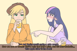 Size: 1280x853 | Tagged: safe, artist:jonfawkes, applejack, twilight sparkle, human, apple cider, blushing, cider, clothes, cowboy hat, drunk, drunk twilight, elf ears, glass, hat, humanized, implied lesbian, implied rarijack, long hair, open mouth, pointing, quickdraw, shipper on deck, simple background, sipping, stetson, table