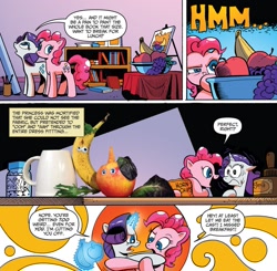 Size: 1225x1202 | Tagged: safe, artist:andypriceart, idw, pinkie pie, rarity, earth pony, pony, unicorn, spoiler:comic, spoiler:comic42, apple, banana, comic, duo, female, food, fruit, googly eyes, grapes, irl, magic, mare, official comic, photo, speech bubble, telekinesis