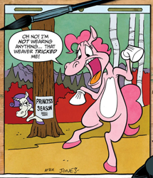 Size: 622x724 | Tagged: safe, artist:andypriceart, idw, pinkie pie, rarity, earth pony, pony, semi-anthro, unicorn, spoiler:comic, spoiler:comic42, arm hooves, bugs bunny, chuck jones, colored hooves, daffy duck, duck season rabbit season, duo, female, looney tunes, mare, official comic, speech bubble, style emulation