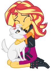 Size: 4400x6000 | Tagged: safe, artist:emeraldblast63, sunset shimmer, oc, oc:lacey, dog, equestria girls, cute, female, hug, kneeling, panting, shimmerbetes, simple background, transparent background