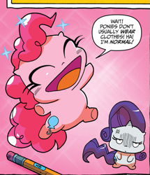 Size: 597x695 | Tagged: safe, artist:andypriceart, idw, pinkie pie, rarity, earth pony, pony, unicorn, spoiler:comic, spoiler:comic42, anime, chibi, cute, diapinkes, duo, female, mare, official comic, pink background, simple background, speech bubble, we don't normally wear clothes