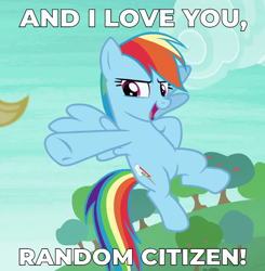 Size: 800x817 | Tagged: safe, derpibooru import, edit, edited screencap, screencap, applejack, rainbow dash, earth pony, pegasus, pony, non-compete clause, caption, cloud, cropped, female, flying, fourth wall, image macro, mare, megamind, movie reference, open mouth, pointing, sky, text, tree