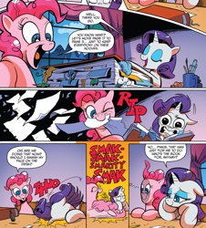 Size: 1237x1370 | Tagged: safe, artist:andypriceart, idw, pinkie pie, rarity, earth pony, pony, unicorn, spoiler:comic, spoiler:comic42, book, cartoon physics, comic, facedesk, female, mare, official comic, paper, pinkie being pinkie, ripped, speech bubble