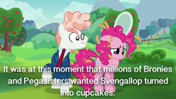 Size: 1279x719 | Tagged: safe, edit, edited screencap, screencap, pinkie pie, svengallop, earth pony, pony, the mane attraction, caption, glare, gritted teeth, image macro, implied cupcakes, meme