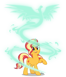 Size: 4000x4705 | Tagged: safe, artist:orin331, sunset shimmer, phoenix, pony, unicorn, absurd resolution, cute, female, glowing horn, horn, looking up, magic, mare, open mouth, raised hoof, shimmerbetes, simple background, smiling, spirit, transparent background