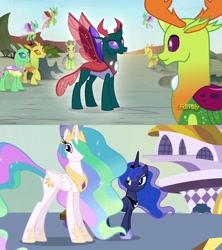 Size: 1280x1440 | Tagged: safe, screencap, pharynx, princess celestia, princess luna, thorax, alicorn, changedling, changeling, pony, princess twilight sparkle (episode), to change a changeling, changedling brothers, comparison, discovery family logo, king thorax, prince pharynx, royal sisters