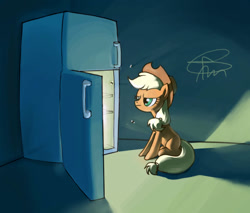 Size: 726x620 | Tagged: safe, artist:tm, applejack, earth pony, pony, applejack is not amused, missing cutie mark, refrigerator, solo, unamused