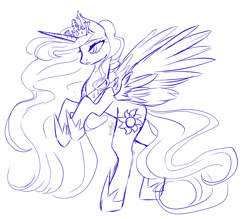 Size: 1394x1221 | Tagged: safe, artist:clefficia, princess celestia, alicorn, pony, female, mare, monochrome, rearing, simple background, sketch, solo, white background