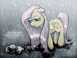 Size: 2000x1500 | Tagged: safe, artist:telimbo, angel bunny, fluttershy, pegasus, pony, rabbit, animal, dead, female, mare, rain, sad