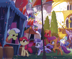 Size: 1920x1570 | Tagged: safe, artist:tony cliff, apple bloom, big macintosh, granny smith, pinkie pie, princess celestia, princess luna, scootaloo, sunshower raindrops, sweetie belle, twilight sparkle, twilight sparkle (alicorn), alicorn, earth pony, pony, my little pony: the movie, the art of my little pony: the movie, apple, canterlot, cutie mark, cutie mark crusaders, food, the cmc's cutie marks