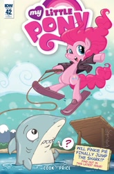 Size: 1054x1600 | Tagged: safe, artist:katiecandraw, idw, pinkie pie, earth pony, pony, shark, spoiler:comic, spoiler:comic42, cover, happy days, jumping the shark, the fonz, water skiing