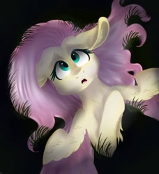 Size: 1024x1123 | Tagged: safe, artist:lillus1234, fluttershy, pegasus, pony, amazed, bust, colored wings, colored wingtips, floppy ears, grass, hoof on chest, looking at something, looking up, lying down, on back, open mouth, portrait, solo, spread wings, top down, wings