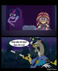 Size: 1288x1572 | Tagged: safe, edit, edited screencap, editor:teren rogriss, screencap, discord, sci-twi, sunset shimmer, twilight sparkle, draconequus, better together, equestria girls, sunset's backstage pass!, clothes, discop, glasses, officer discord, police, police officer, police uniform, uniform