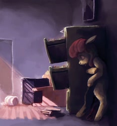 Size: 1024x1099 | Tagged: safe, artist:sharpieboss, apple bloom, applejack, earth pony, pony, bipedal, file cabinet, freckles, noir, scared