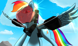 Size: 5000x3000 | Tagged: safe, artist:apuljack, derpibooru import, rainbow dash, pegasus, pony, backwards cutie mark, badass, cloud, cool, ear fluff, female, mare, mask, sky, smiling, smirk, solo, spread wings, sun, wings